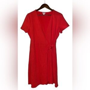 J. Crew Faux Wrap Gauzy Red Stretch Mini Dress Women M Summer Beachy‎